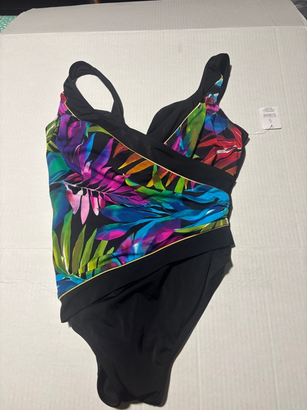 Black One-Piece Swimsuit with Bright Multicolor Abstract Print secretly slender